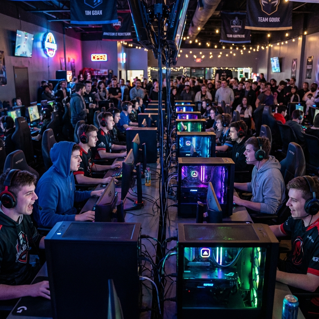 amateur grassroots esports tournament, community gaming event, local venue setup, enthusiastic young players, casual atmosphere, colorful lighting