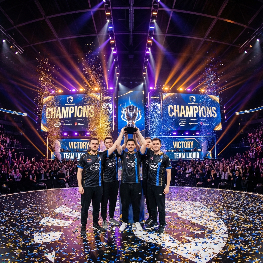 professional esports team with branded jerseys, tournament stage with sponsor logos, gaming arena with brand activations, data analytics dashboard